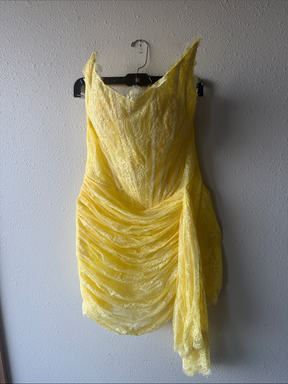 Yellow Lace Draped Cocktail Dress
